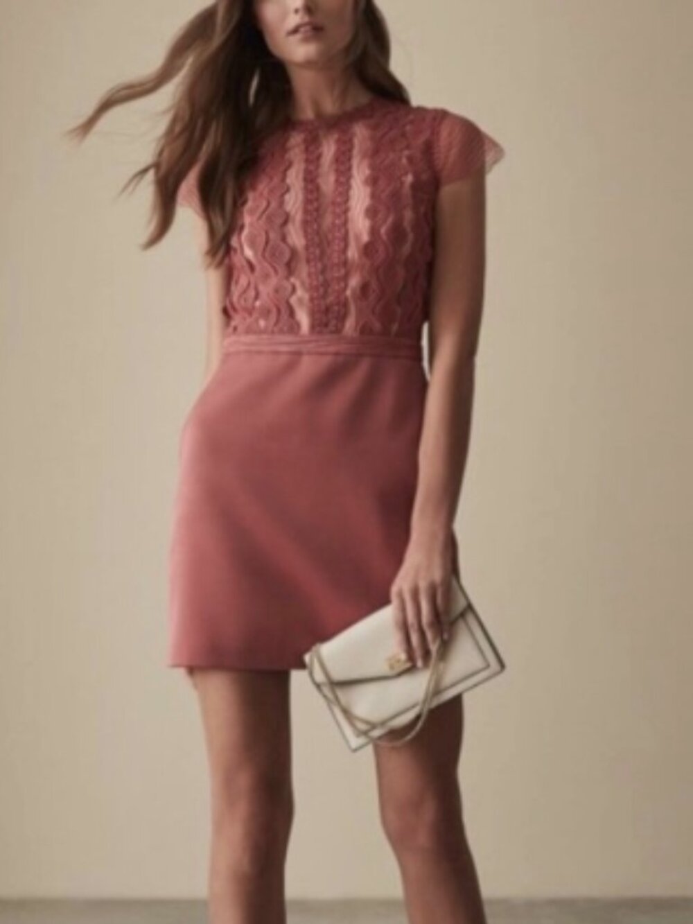 Reiss Veriana Mauve Rose Pink Lace Bodice Cap Sleeve Satin Mini Dress 6